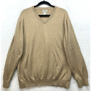 LL Bean Mens Sweater Extra Large Tan Cotton Cashmere V Neck Preppy Cabincore